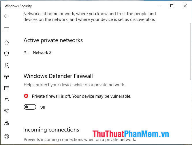 Tìm phần Public network để tắt firewall cho mục này