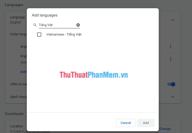 Tìm Tiếng Việt và chọn Add để thêm tiếng Việt vào Google Chrome