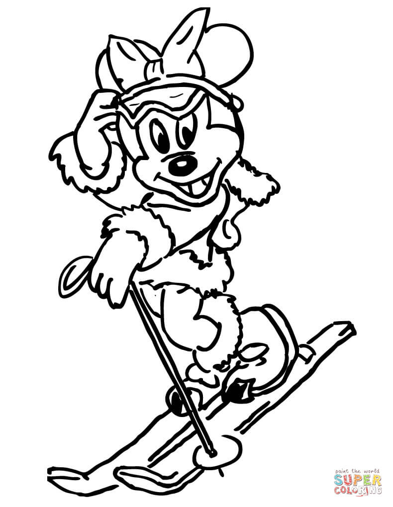 Tranh tô màu bạn gái chuột Mickey trượt tuyết
