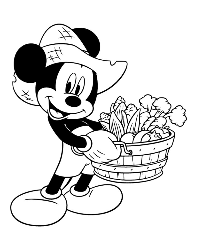 Tranh tô màu chuột Mickey cầm rỏ hoa quả
