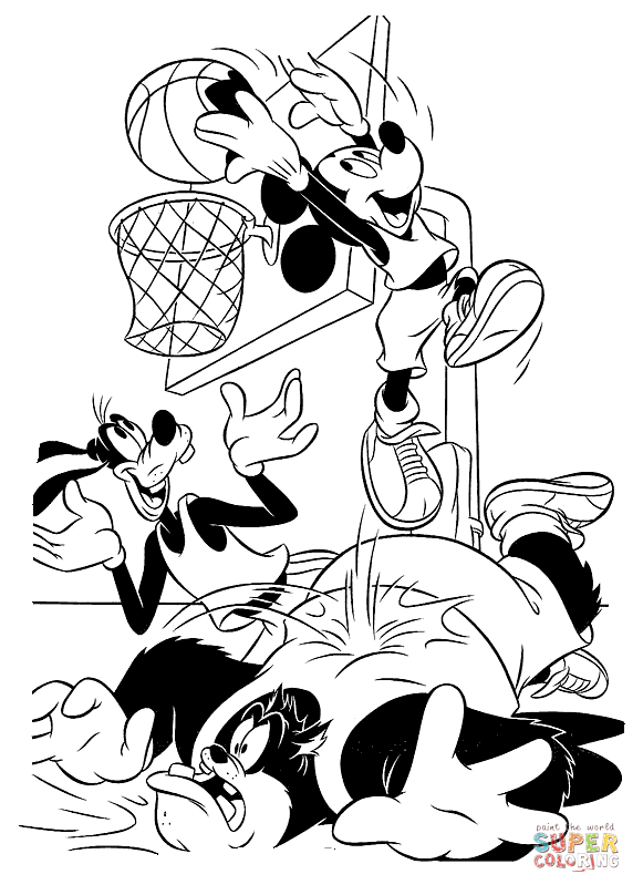 Tranh tô màu chuột Mickey chơi bóng rổ