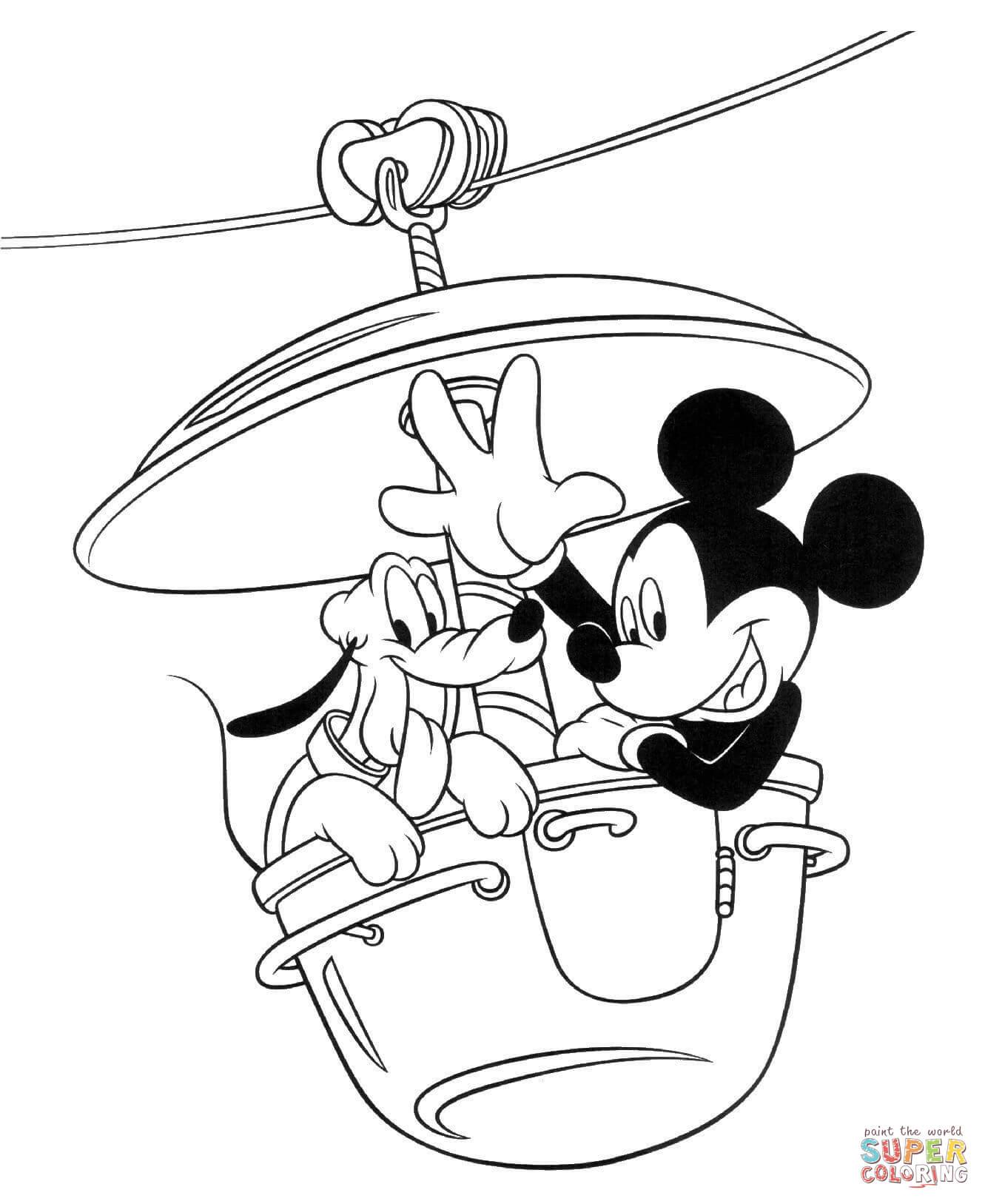Tranh tô màu chuột Mickey đi cáp treo