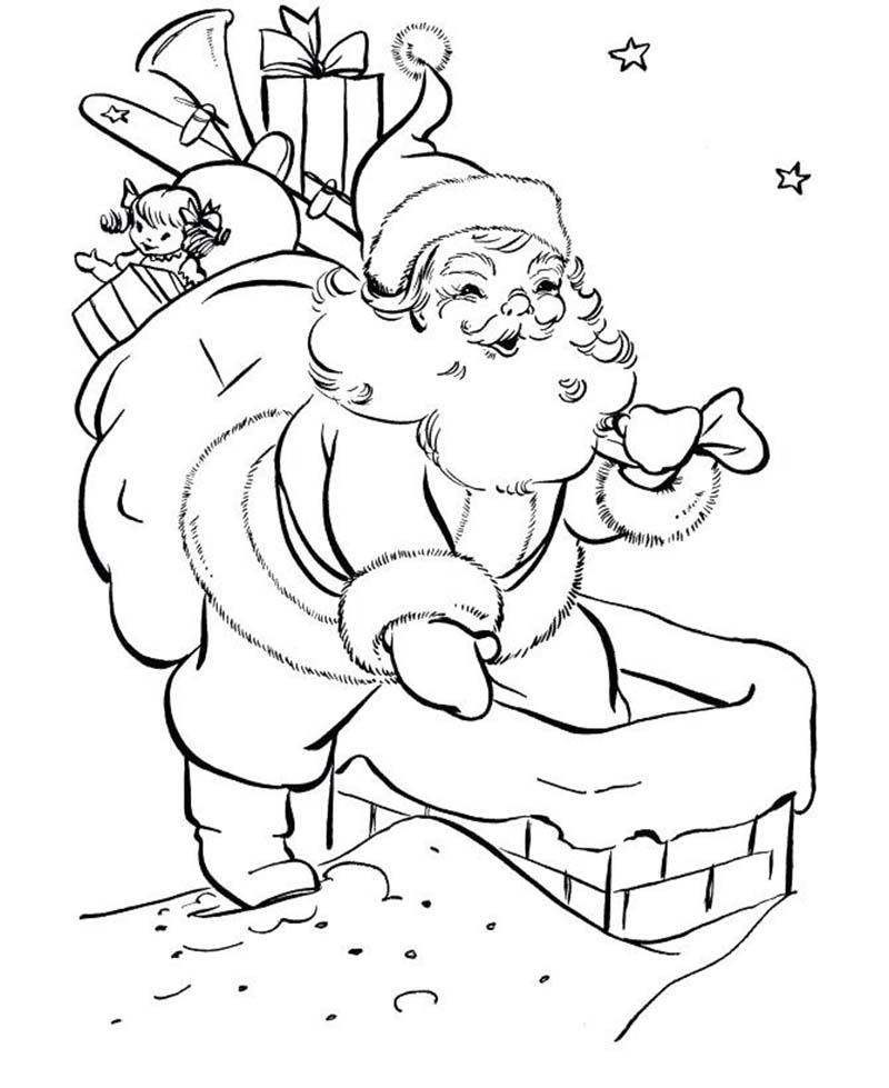 Tranh tô màu ông già Noel chui qua ống khói vào nhà phát quà cho bé yêu
