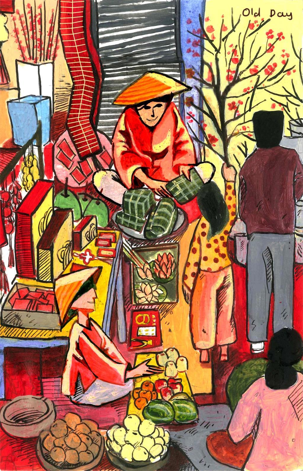 Tranh vẽ chợ Tết xưa
