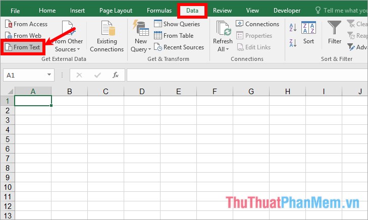 Trên giao diện Excel chọn thẻ Data - From Text