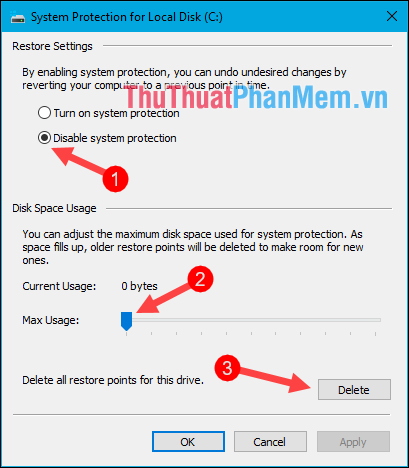 Trong cửa sổ Configureb chọn Disable system protection