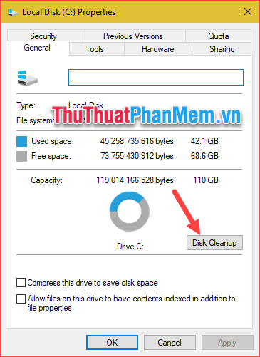 Trong cửa sổ Properties chọn Disk Cleanup