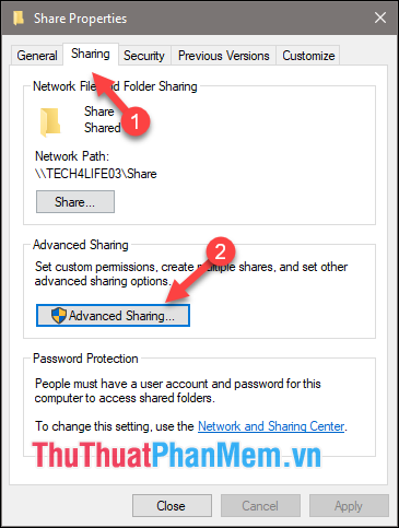 Trong cửa sổ Properties chọn tab Sharing sau đó chọn Advanced Sharing