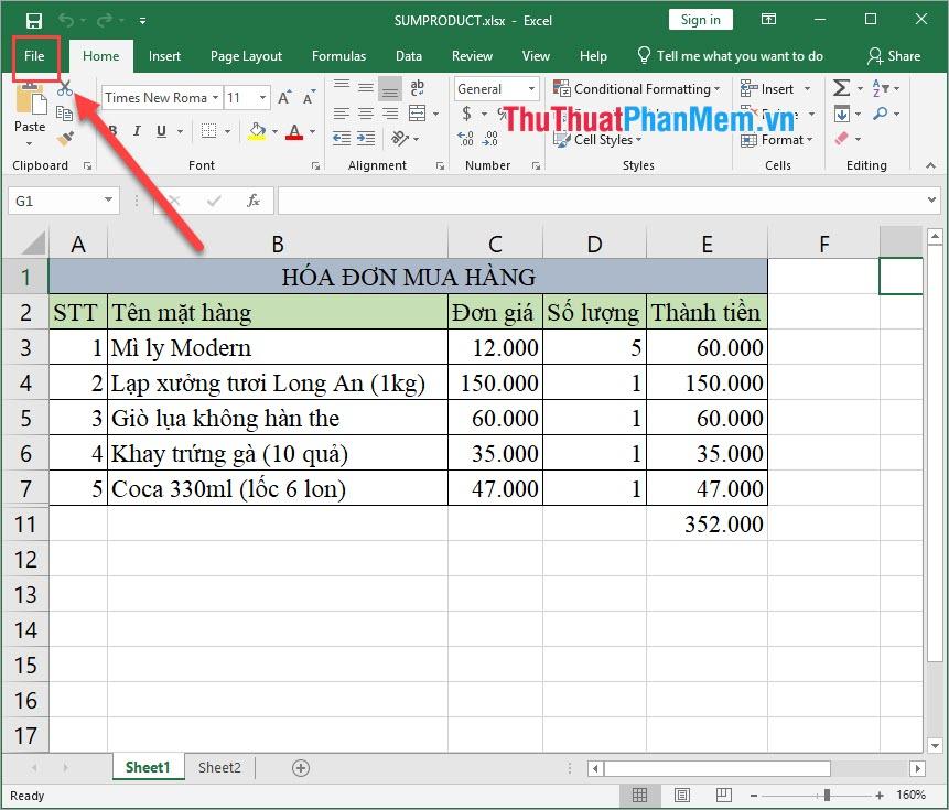 Vào File trong Excel