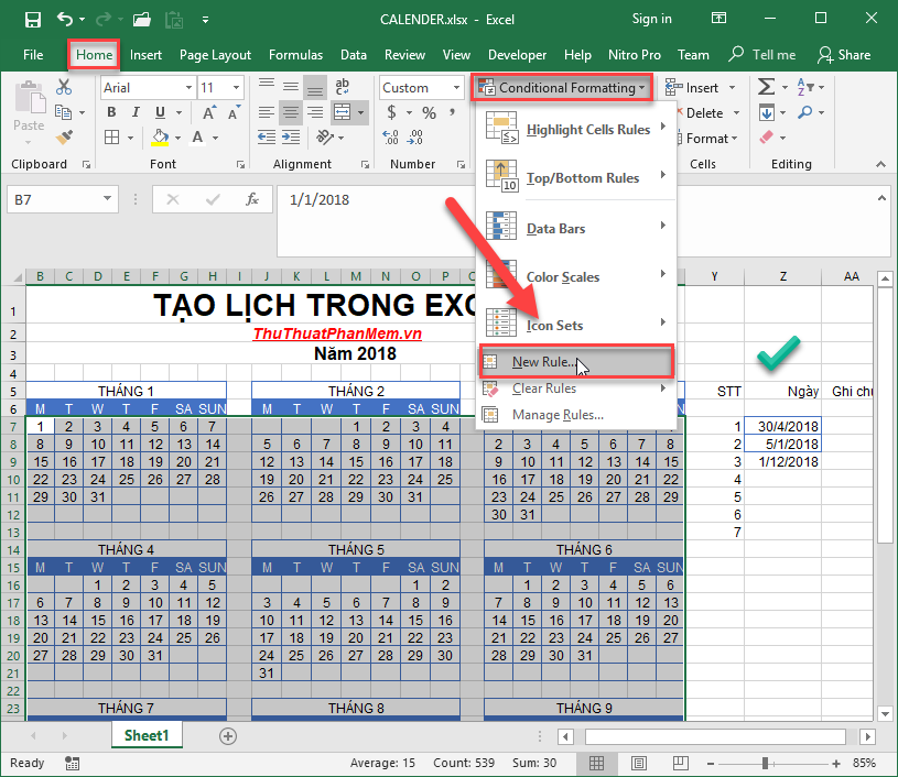 Vào thẻ Home - Conditional Formating - New Ruler