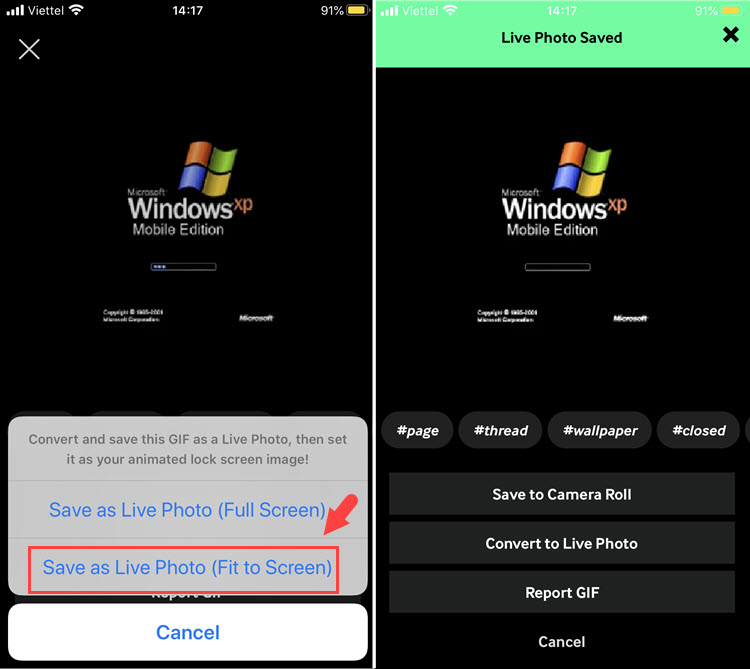 Bạn chọn Save as Live Photo (Fit to Screen) để lưu ảnh vào máy với kích cỡ vừa màn hình