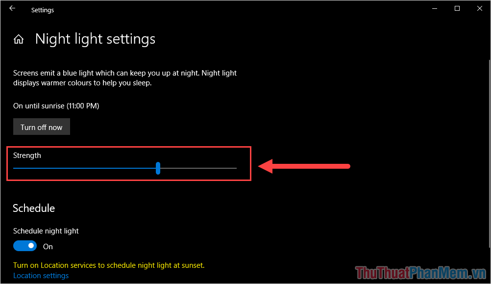 Bạn có thể điều chỉnh thanh Strength để thay đổi mức độ lọc ánh sáng xanh trên màn hình