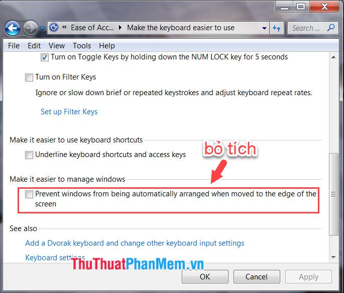 Bỏ chọn Prevent windows from being automatically arranged when moved to the edge of the screen