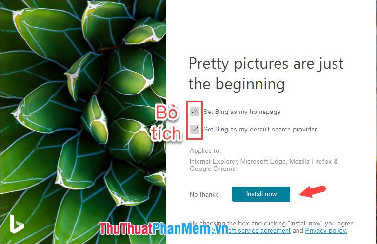 Bỏ tùy chọn Set Bing as my homepage và Set Bing as my default search provider
