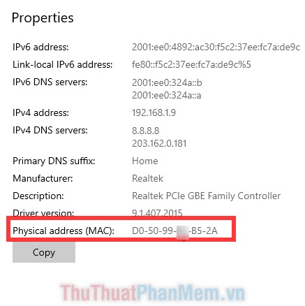 Các thông tin về Địa chỉ IP, địa chỉ MAC,...