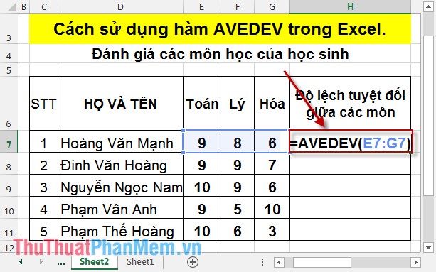 Cách sử dụng hàm AVEDEV trong Excel 2