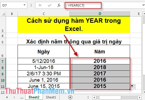 Cách sử dụng hàm YEAR trong Excel 4