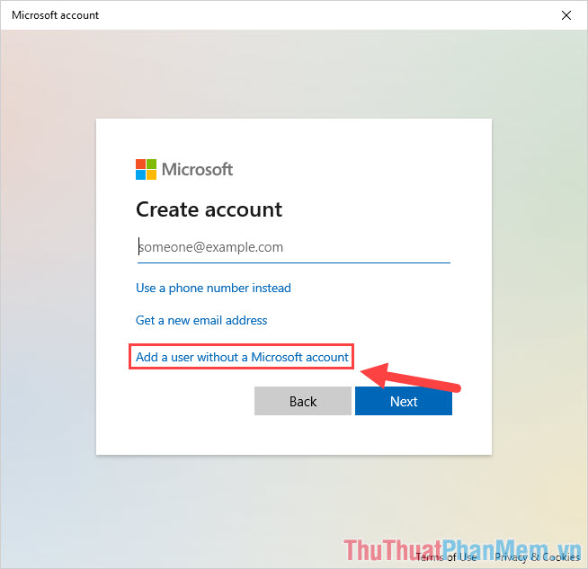 Chọn Add a user without a Microsoft account