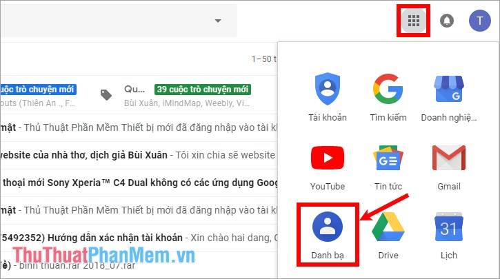 Chọn biểu tượng 6 dấu chấm trên giao diện gmail và chọn Danh bạ
