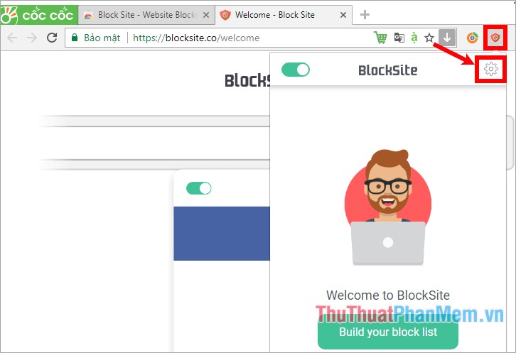 Chọn biểu tượng Block Site và chọn biểu tượng hình bánh răng