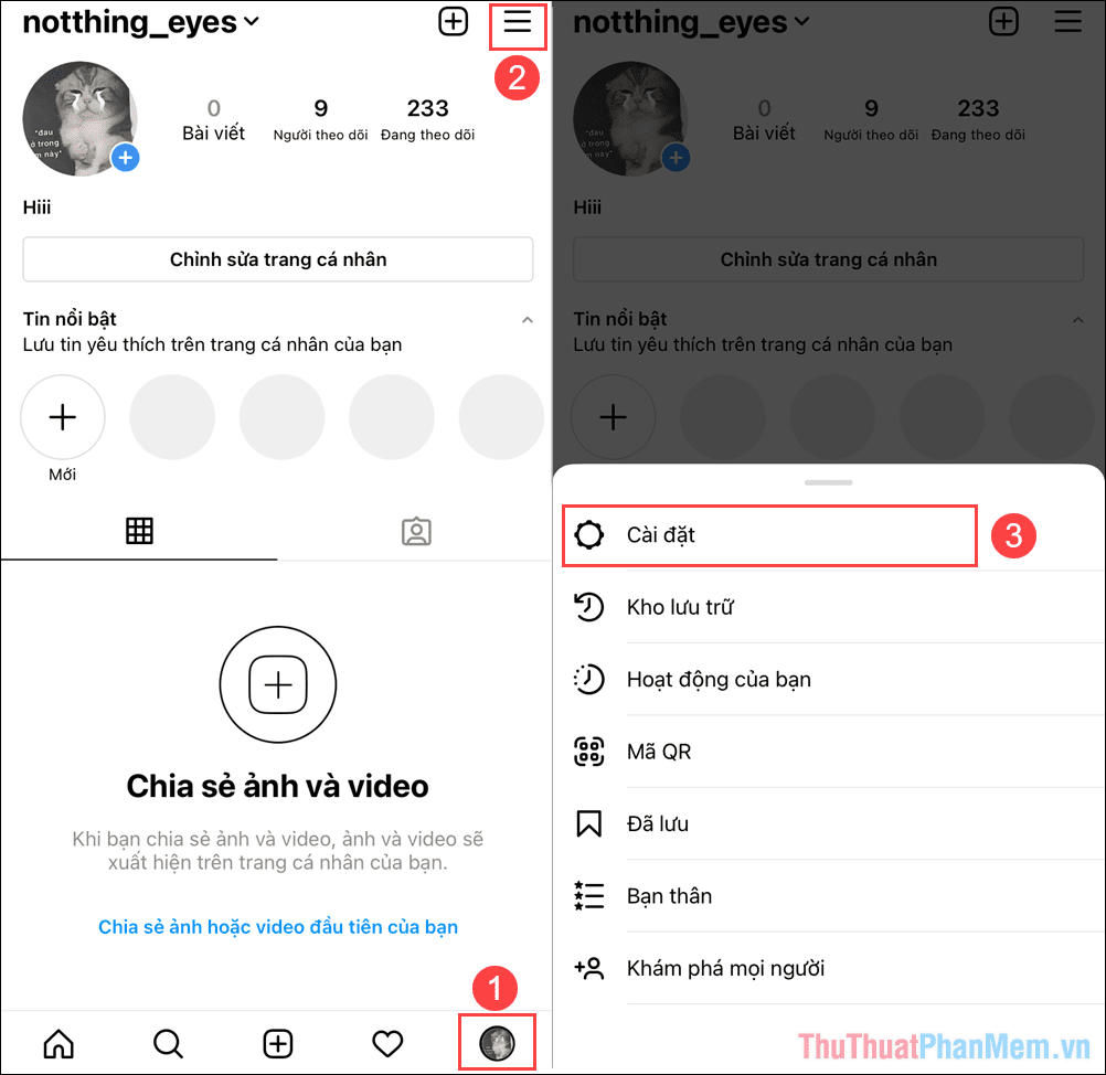 Chọn Cài đặt để xem các thay đổi trên Instagram