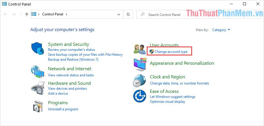 Chọn Change account type để tiến hành thiết lập tài khoản User trên Windows 10