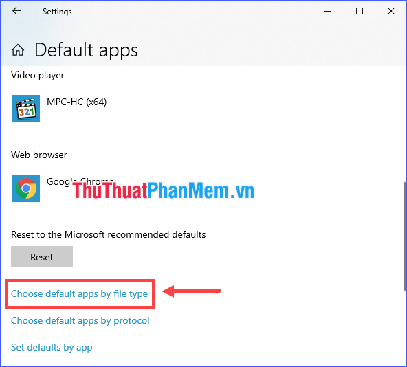 Chọn Choose default apps by file type