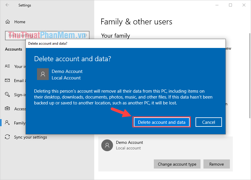 Chọn Delete Account and Data để tiến hành xoá