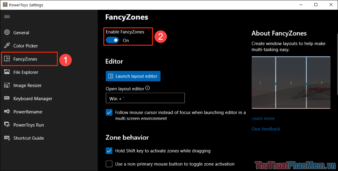 Chọn FancyZones và kích hoạt Enable FancyZones để mở chế độ chia màn hình tự do