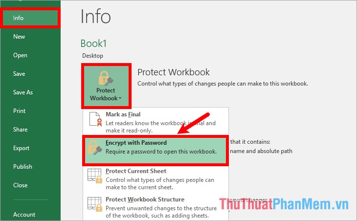 Chọn File - Info - Protect Workbook - Encrypt with Password
