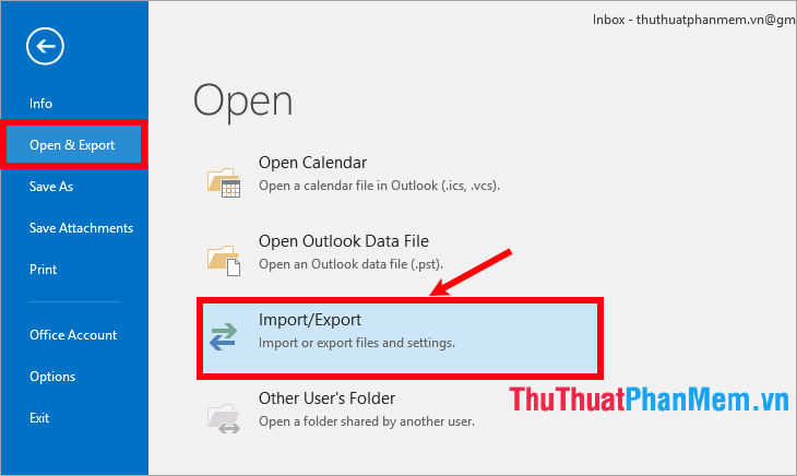 Chọn File - Open & Export - Import/Export
