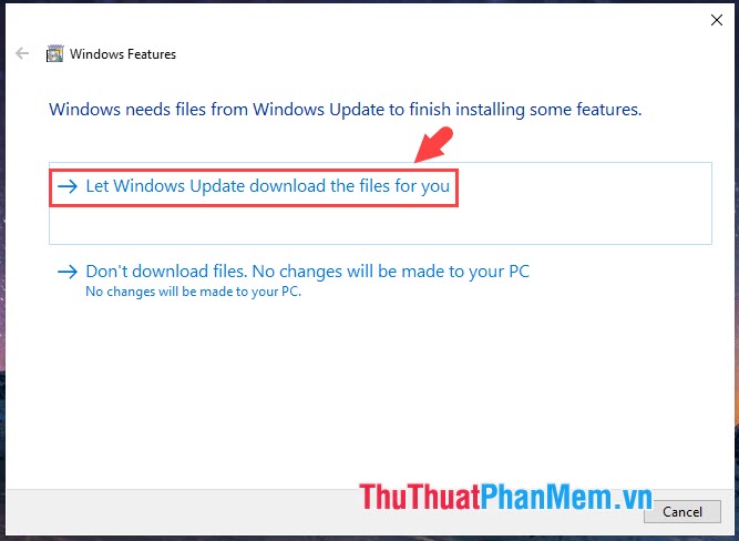 Chọn Let Windows Update download the files for you