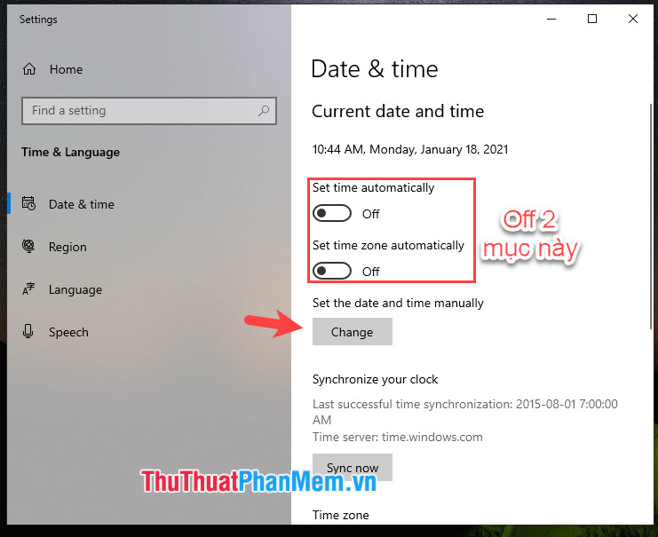 Chọn mục Change trong phần Set the date and time manually