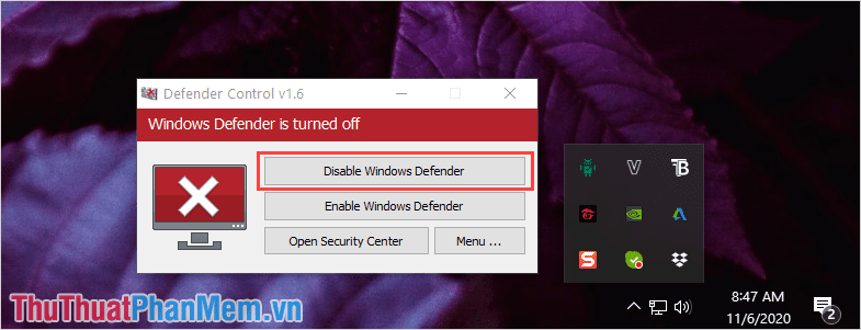 Chọn mục Disable Windows Defender trong bảng công cụ Defender Control