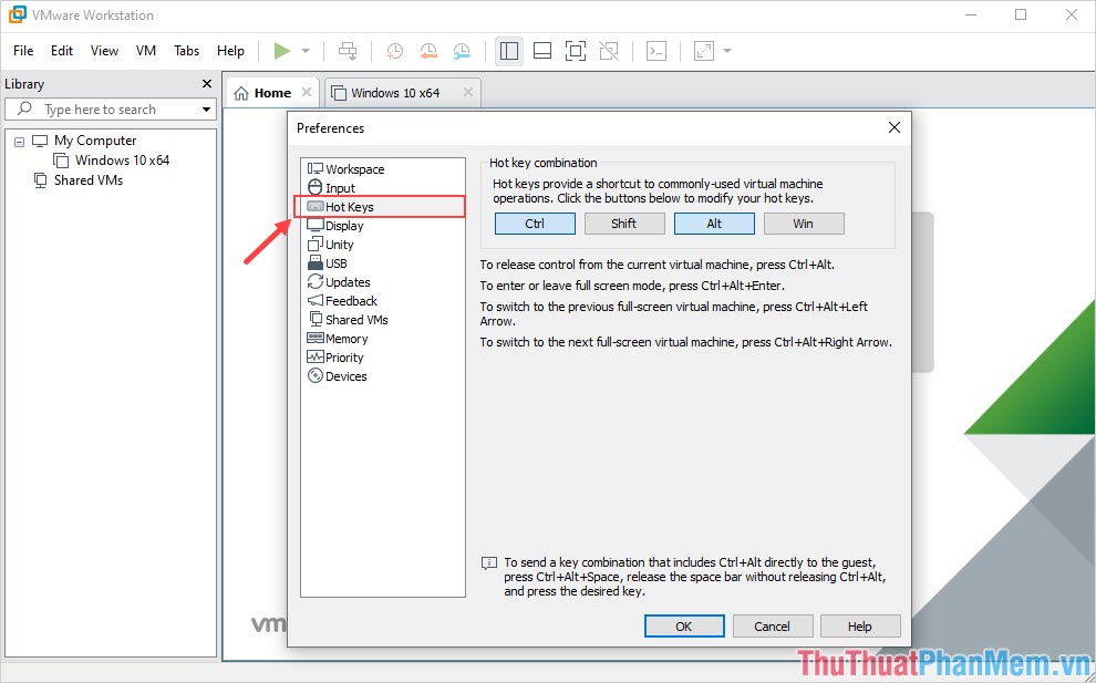 Chọn mục Hot Keys để thay đổi các phím tắt trên VMware