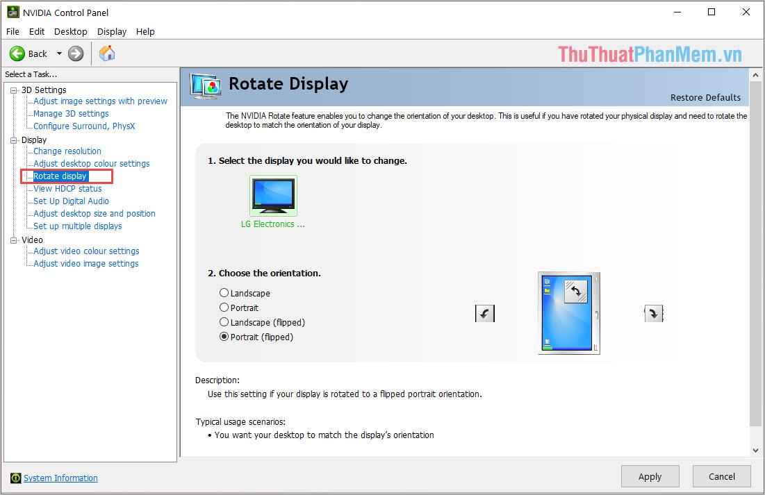 Chọn mục Rotate display để chuyển hướng của màn hình hiển thị