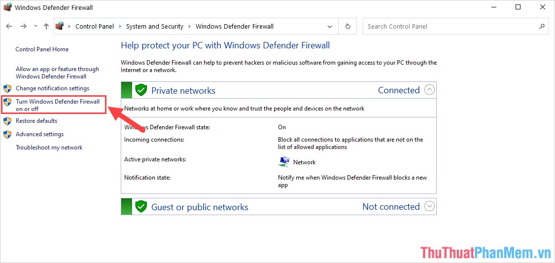 Chọn mục Turn windows Defender Firewall on or off