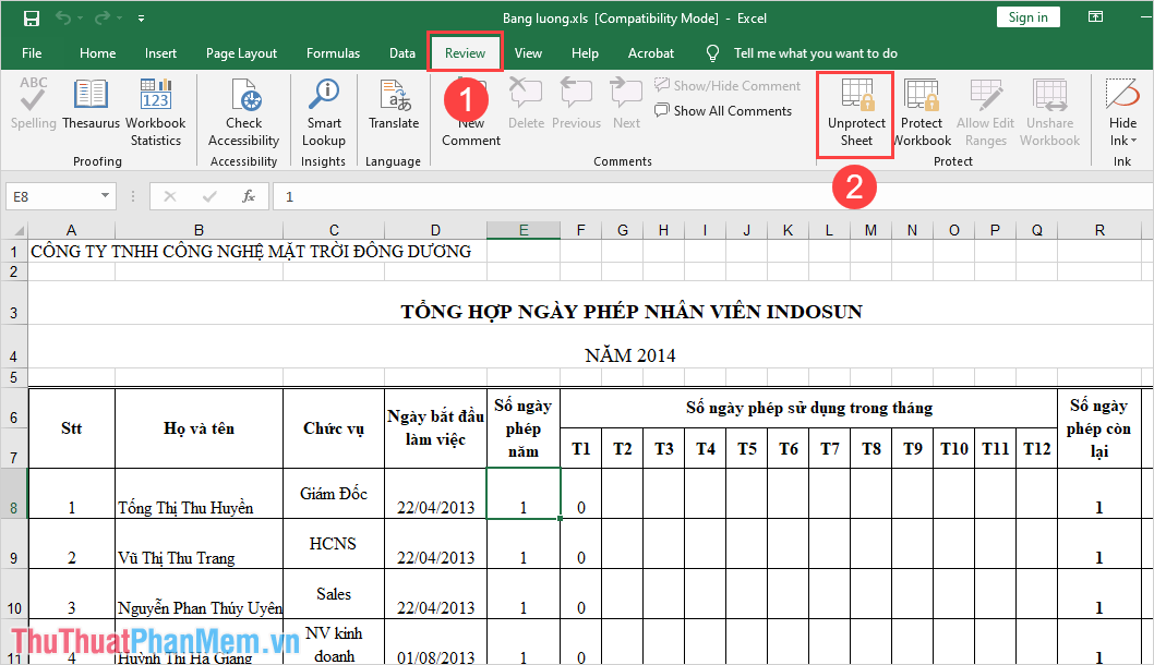 Chọn mục Unprotect Sheet để mở khoá cho Sheet trong Excel