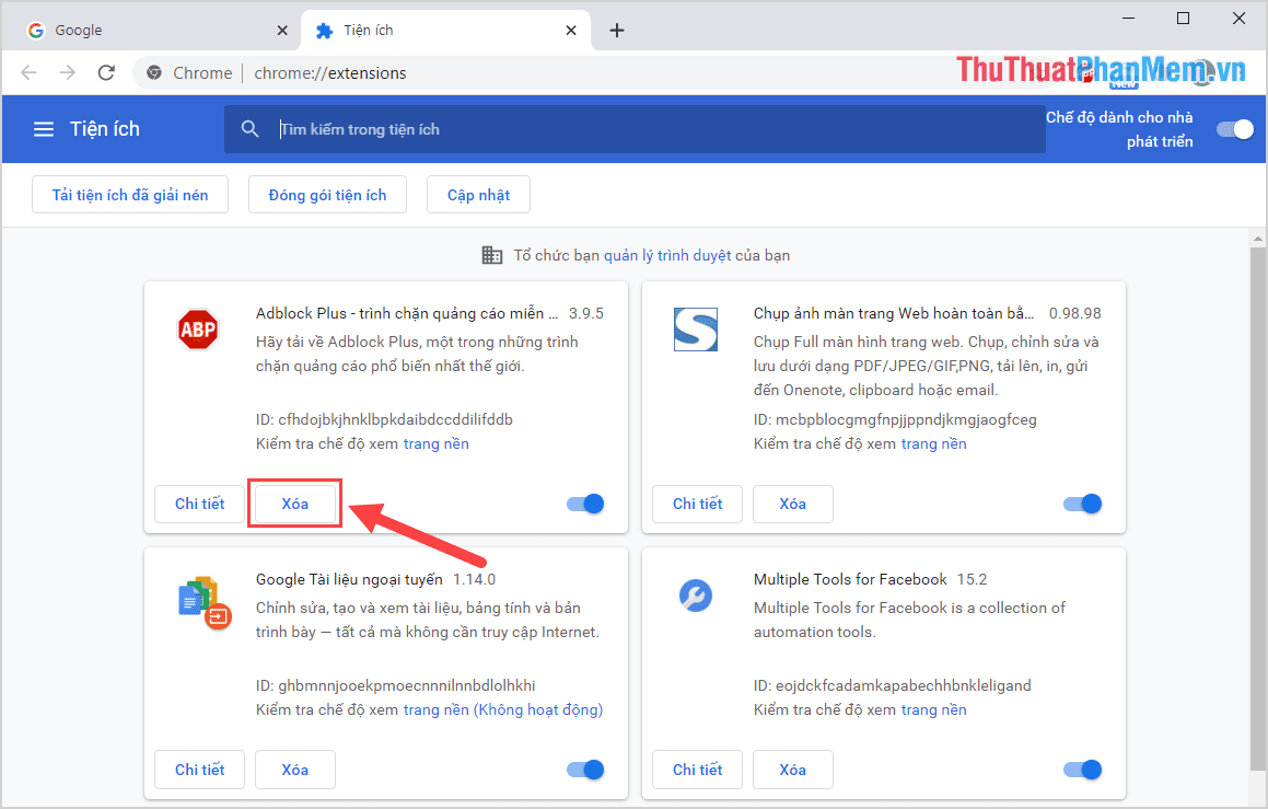 Chọn mục Xóa của các tiện ích cần gỡ bỏ trên Google Chrome
