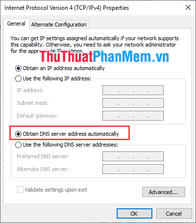 Chọn Obtain DNS server address automatically
