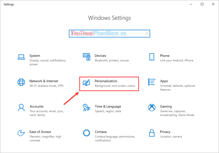 Chọn Personalization để tinh chỉnh hiển thị trên Windows 10