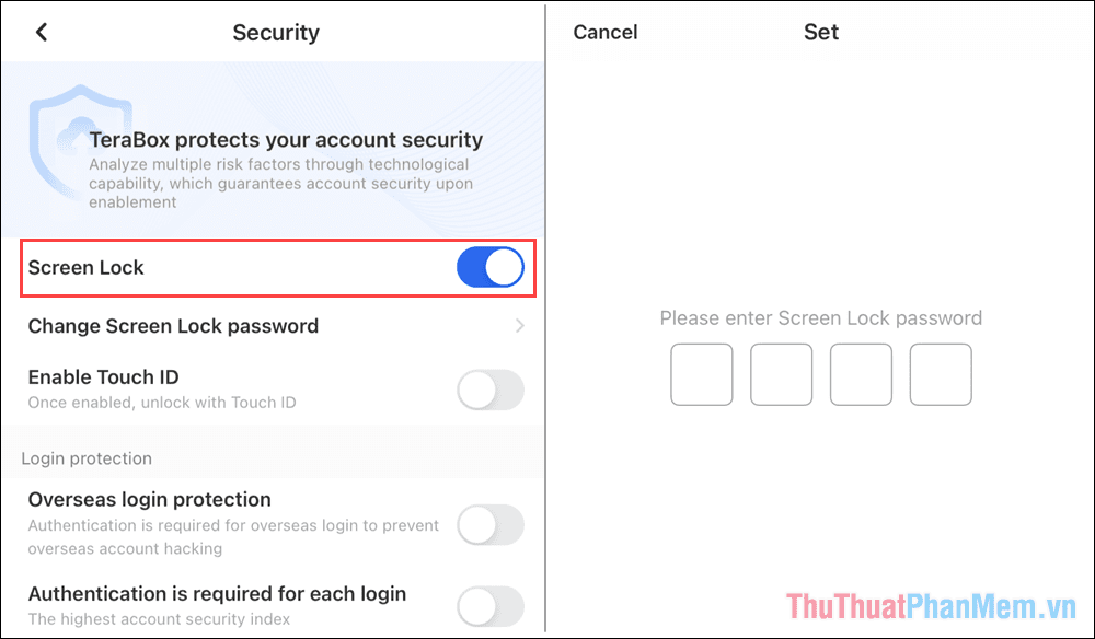 Chọn Screen Lock và nhập mật khẩu mình mong muốn sử dụng