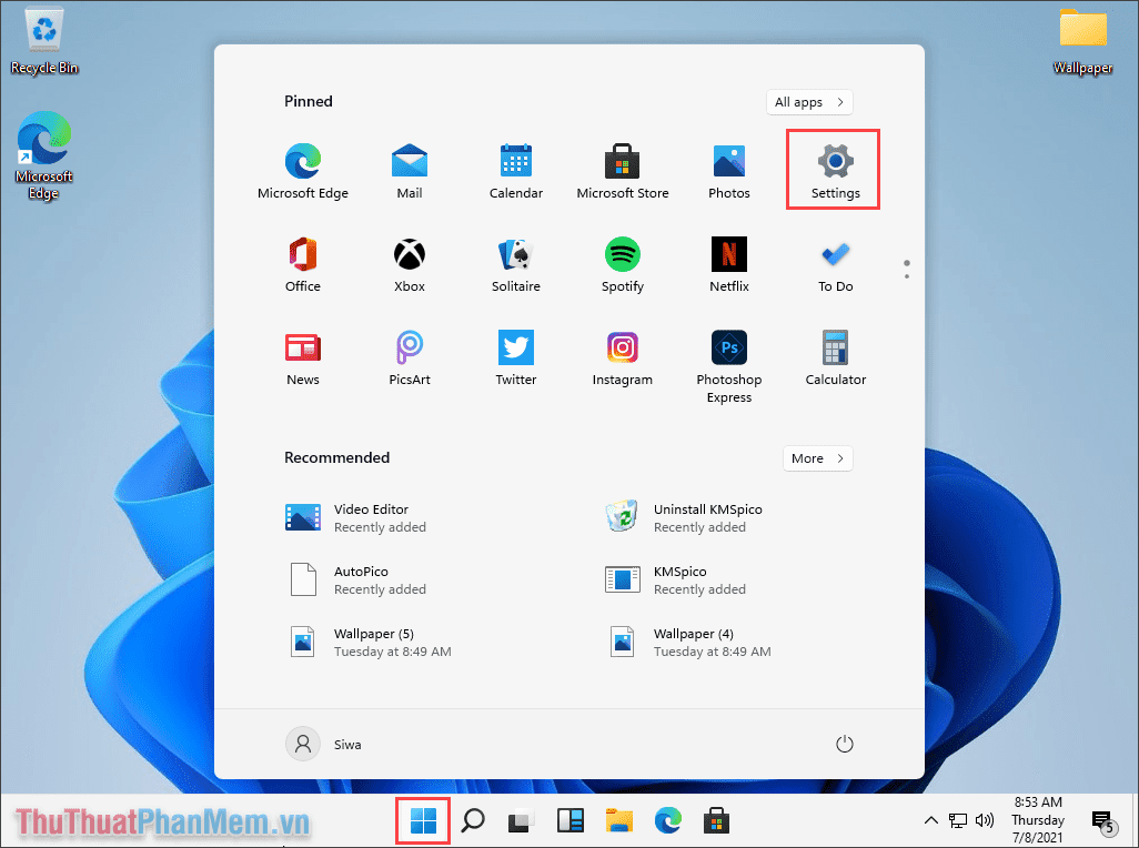Chọn Settings để mở cài đặt trên máy tính chạy Windows 11