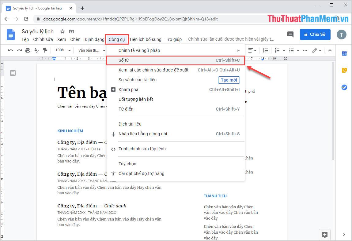 Chọn Số từ (Word count)