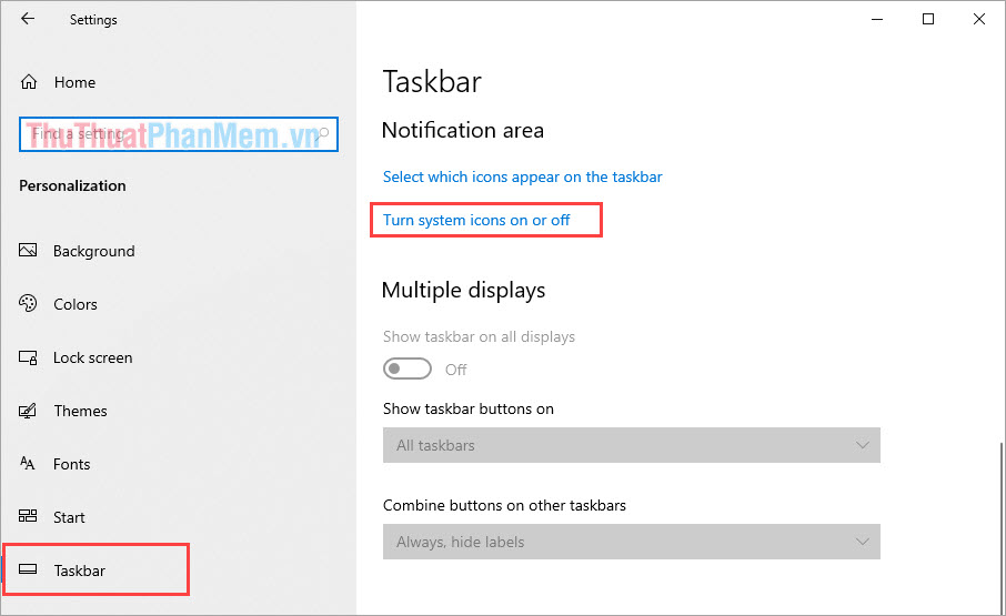 Chọn Taskbar và kéo xuống tìm tới Turn system icons on or off