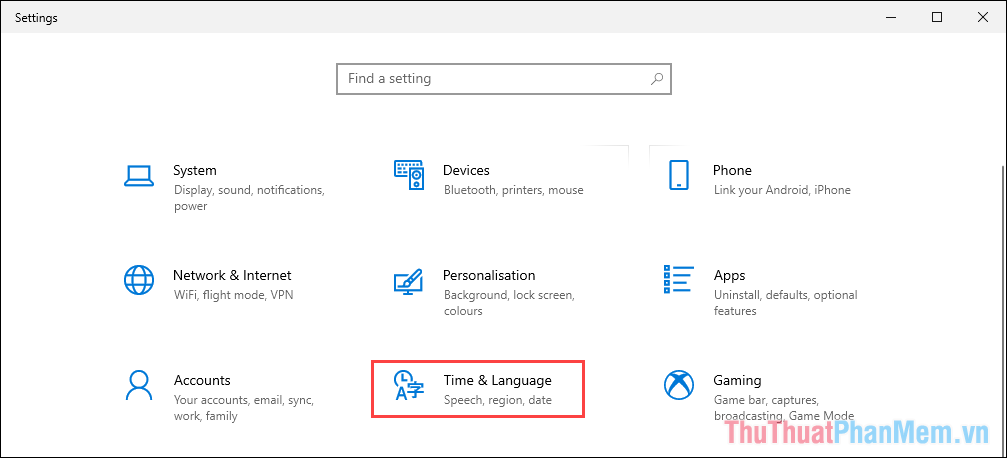 Chọn thẻ Time & Language để thiết lập ngôn ngữ trên máy tính Windows 10