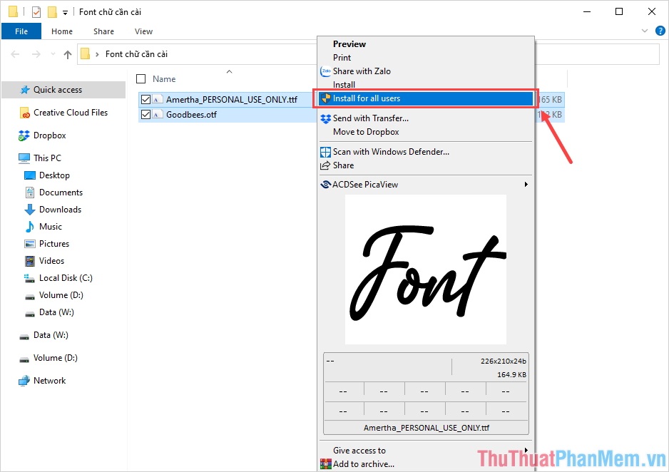 Chọn toàn bộ các Font chữ cần cài (Ctrl + A) và Click chuột phải để chọn Install hoặc Install for all user