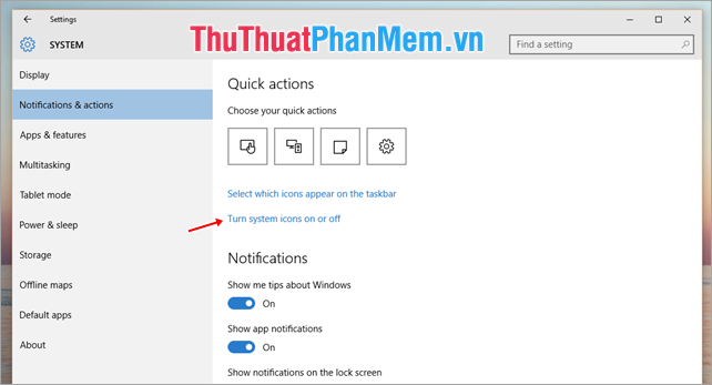 Chọn Turn system icons on or off