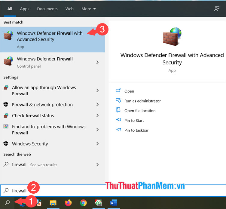 Chọn Windows Defender Firewall with Advanced Security
