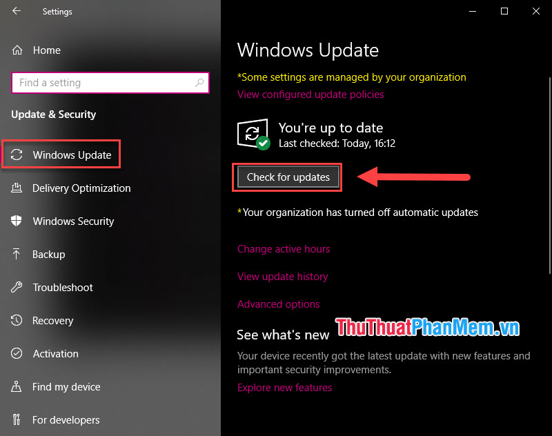 Chọn Windows Update ở cột menu trái - Chọn Check for Updates